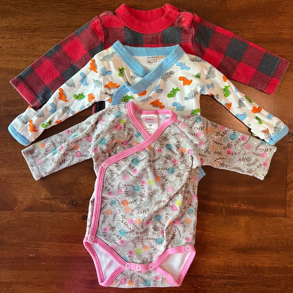 Three long-sleeved onesies, size 0-3 months